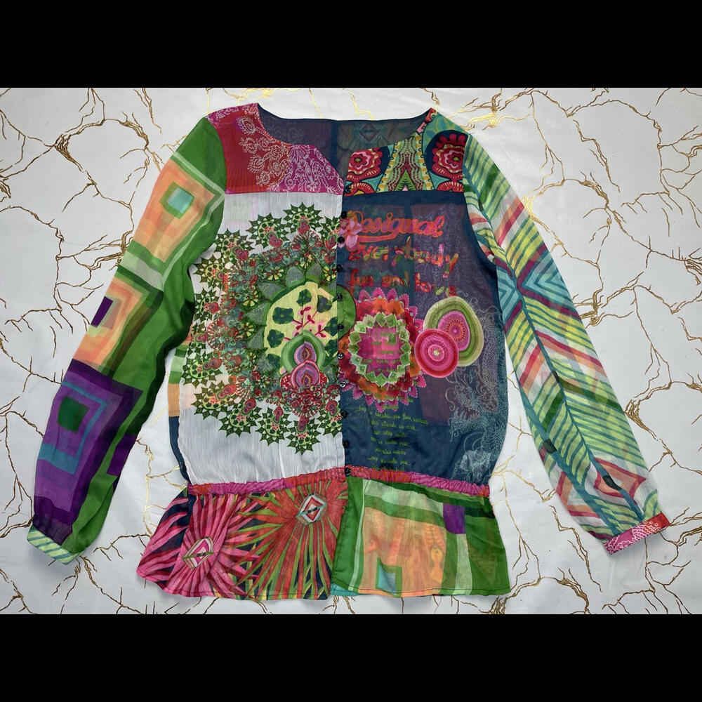 Desigual Women Multicoloured Chiffon  Blouse Button Up Shirt Top XL